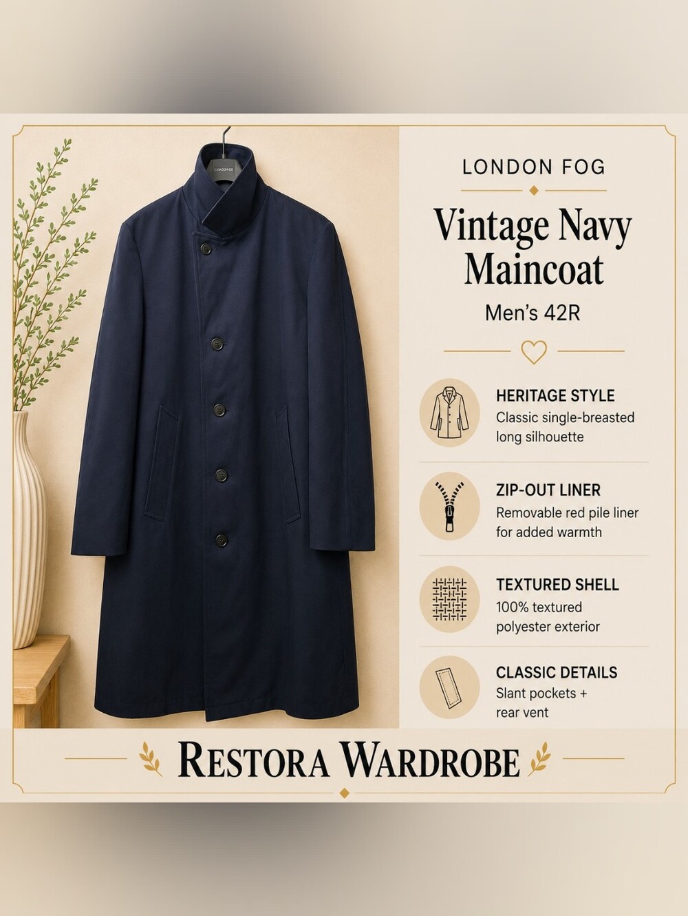 Vintage London Fog Black Maincoat 42R Red Zip-Out Liner Textured Shell